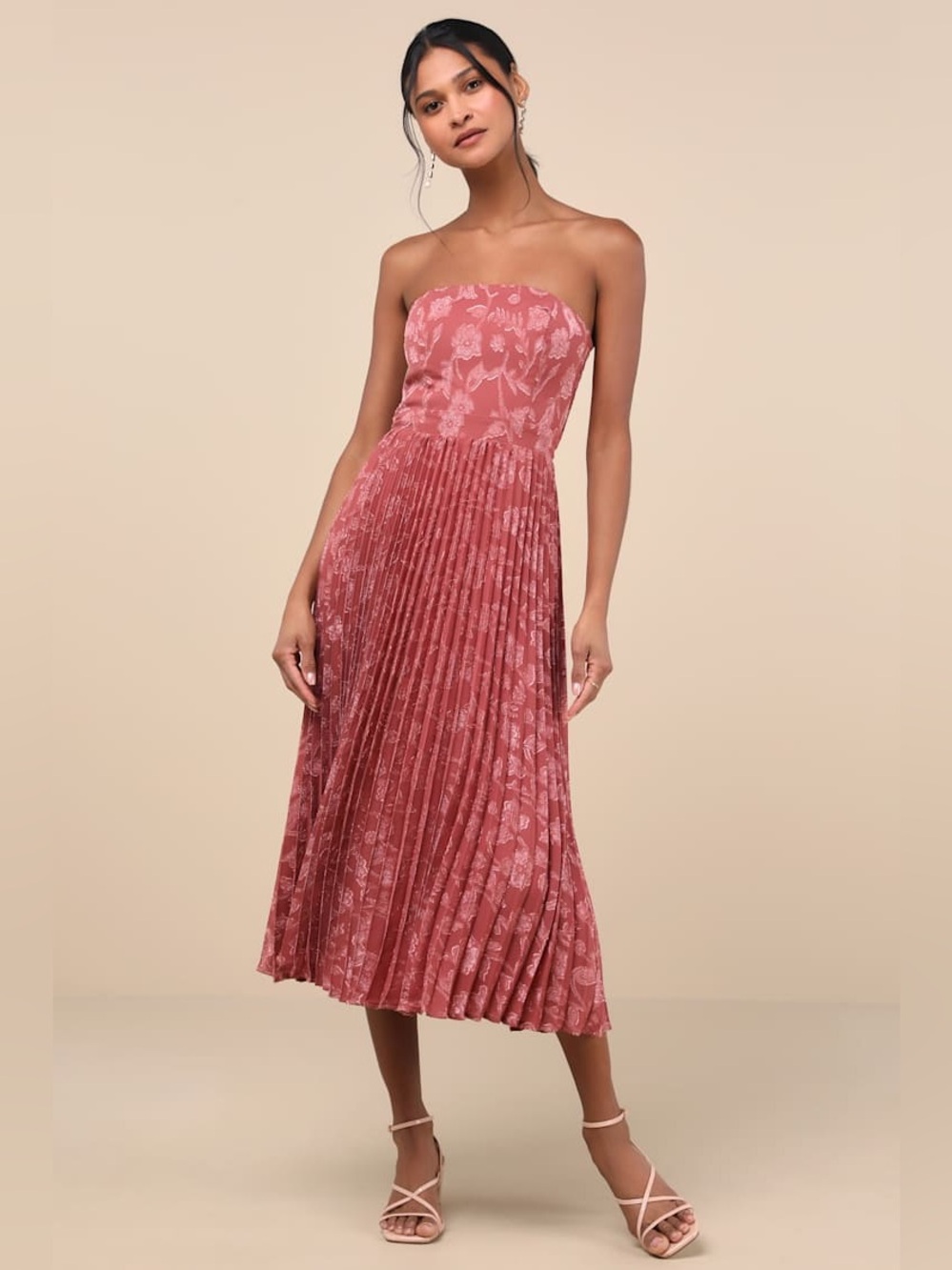 Lulus Perfectly Stunning Rusty Rose Jacquard Strapless Midi Dress